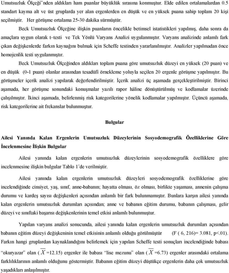 Beck Umutsuzluk Ölçeine ilikin puanlarn öncelikle betimsel istatistikleri yaplm, daha sonra da amaçlara uygun olarak t testi ve Tek Yönlü Varyans Analizi uygulanmtr.