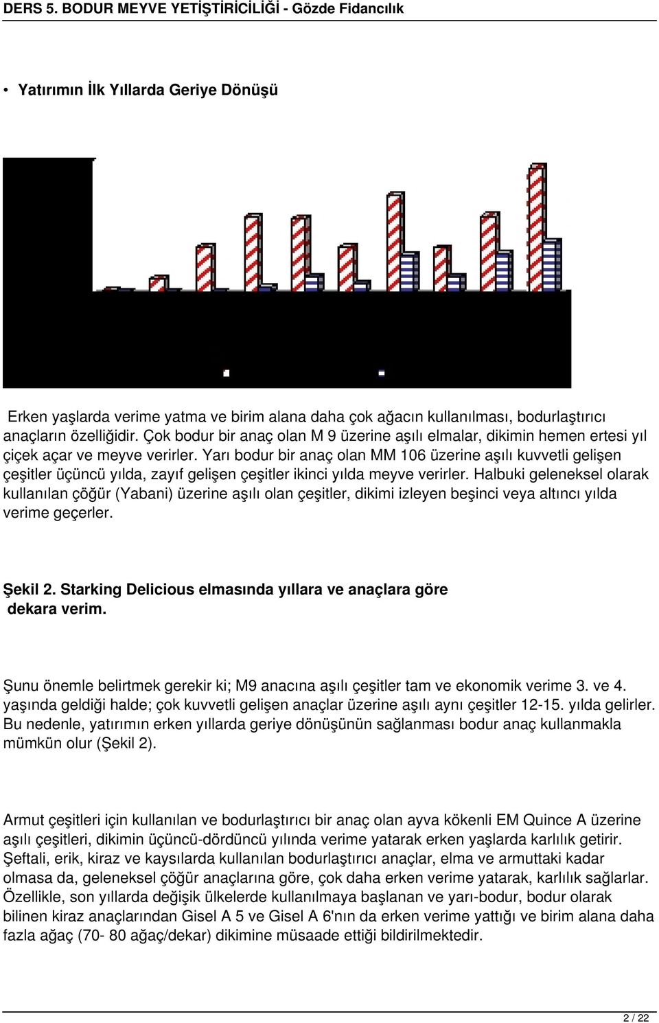 Yarı bodur bir anaç olan MM 106 üzerine aşılı kuvvetli gelişen çeşitler üçüncü yılda, zayıf gelişen çeşitler ikinci yılda meyve verirler.