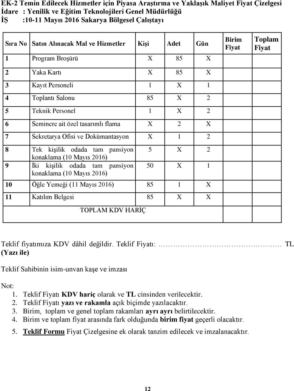 7 Sekretarya Ofisi ve Dokümantasyon X 1 2 8 Tek kişilik odada tam pansiyon konaklama (10 Mayıs 2016) 9 İki kişilik odada tam pansiyon konaklama (10 Mayıs 2016) 5 X 2 50 X 1 10 Öğle Yemeği (11 Mayıs