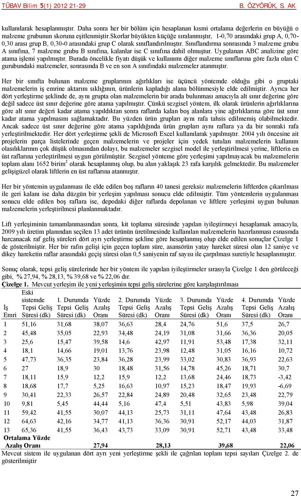 Sınıflandırma sonrasında 3 malzeme grubu A sınıfına, 7 malzeme grubu B sınıfına, kalanlar ise C sınıfına dahil olmuştur. Uygulanan ABC analizine göre atama işlemi yapılmıştır.