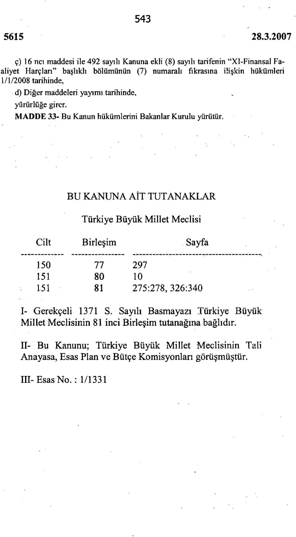 BU KANUNA AİT TUTANAKLAR Türkiye Büyük Millet Meclisi Cilt Birleşim Sayfa 150 151 151 77 80 81 297 10 275:278,326:340 I- Gerekçeli 1371 S.