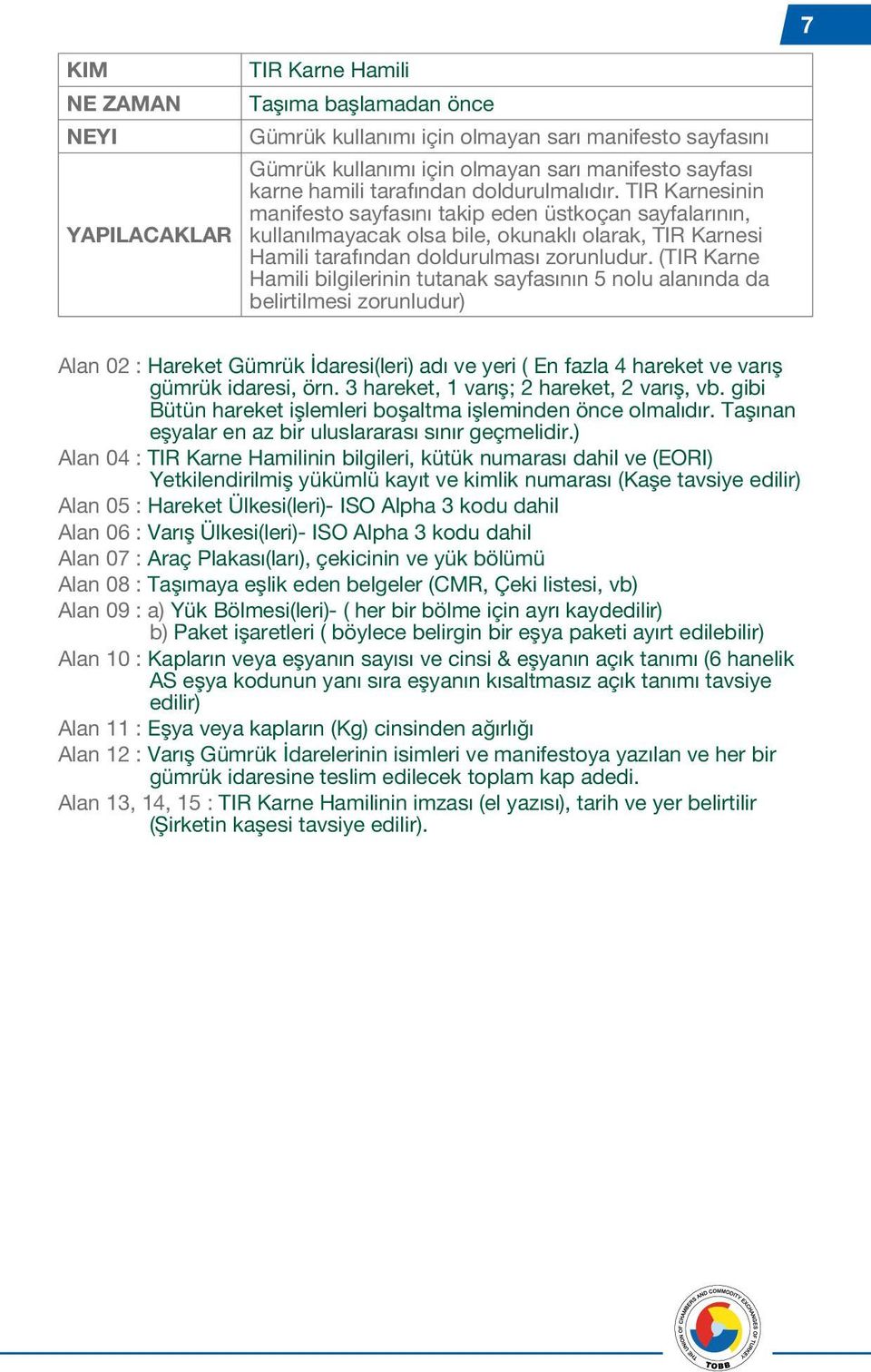 (TIR Karne Hamili bilgilerinin tutanak sayfasının 5 nolu alanında da belirtilmesi zorunludur) Alan 02 : Hareket Gümrük İdaresi(leri) adı ve yeri ( En fazla 4 hareket ve varış gümrük idaresi, örn.