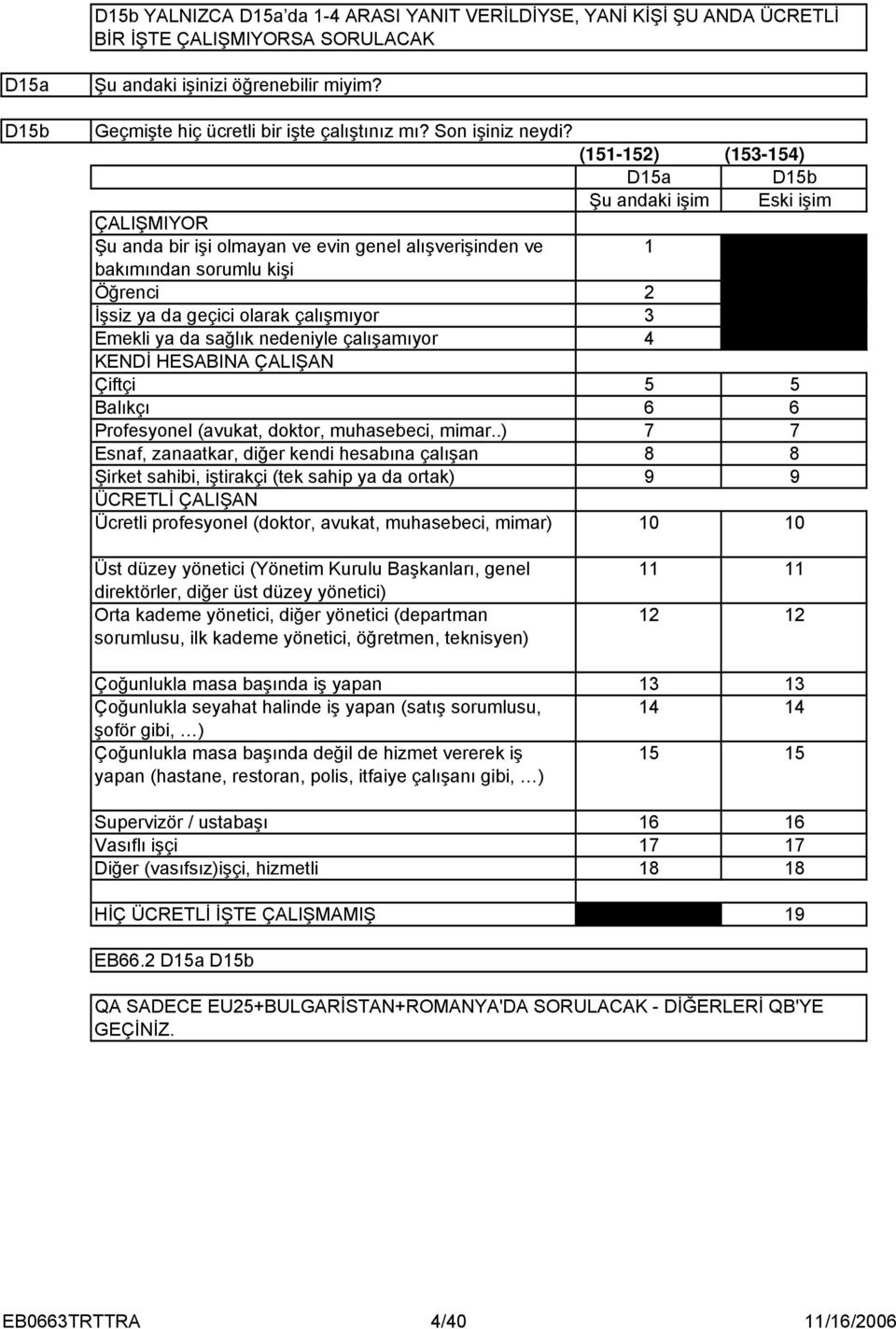 (5-5) (5-54) D5a D5b Şu andaki işim Eski işim ÇALIŞMIYOR Şu anda bir işi olmayan ve evin genel alışverişinden ve bakımından sorumlu kişi Öğrenci İşsiz ya da geçici olarak çalışmıyor Emekli ya da