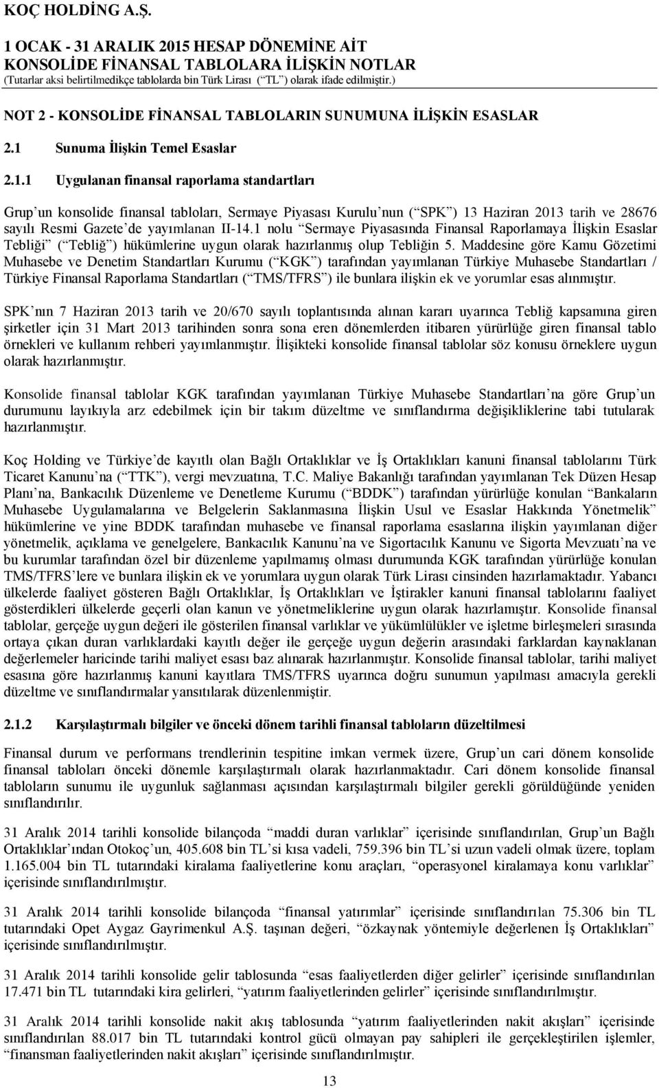 1 Uygulanan finansal raporlama standartları Grup un konsolide finansal tabloları, Sermaye Piyasası Kurulu nun ( SPK ) 13 Haziran 2013 tarih ve 28676 sayılı Resmi Gazete de yayımlanan II-14.