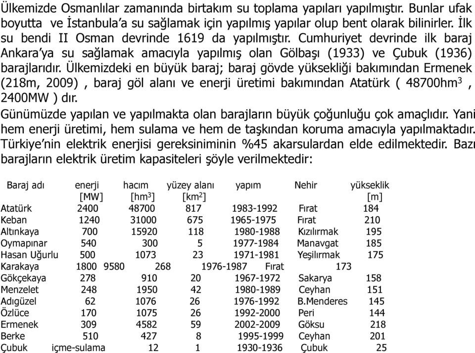 Ülkemizdeki en büyük baraj; baraj gövde yüksekliği bakımından Ermenek (218m, 2009), baraj göl alanı ve enerji üretimi bakımından Atatürk ( 48700hm 3, 2400MW ) dır.