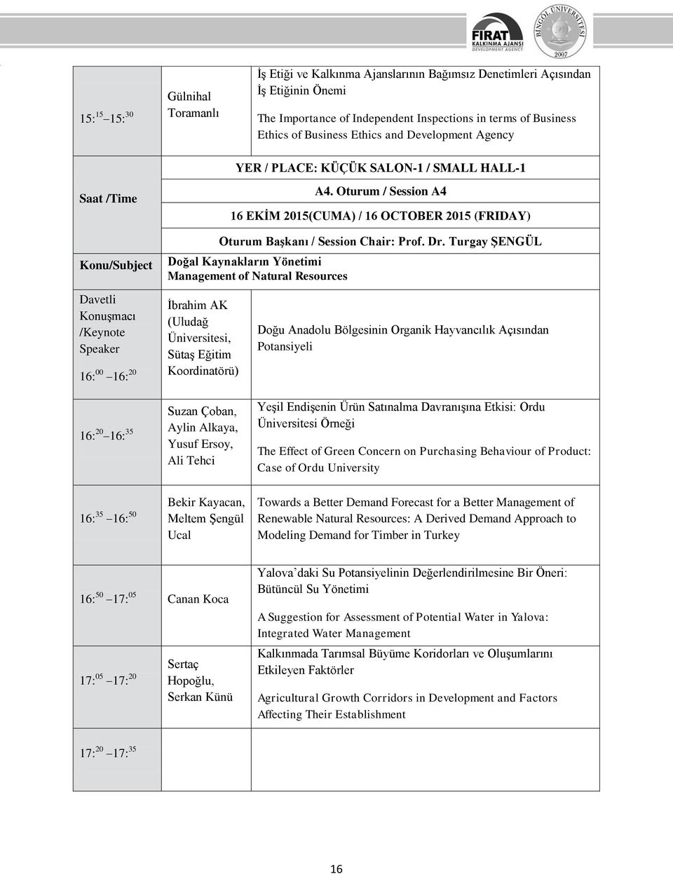 Oturum / Session A4 16 EKİM 2015(CUMA) / 16 OCTOBER 2015 (FRIDAY) Oturum Başkanı / Session Chair: Prof. Dr.