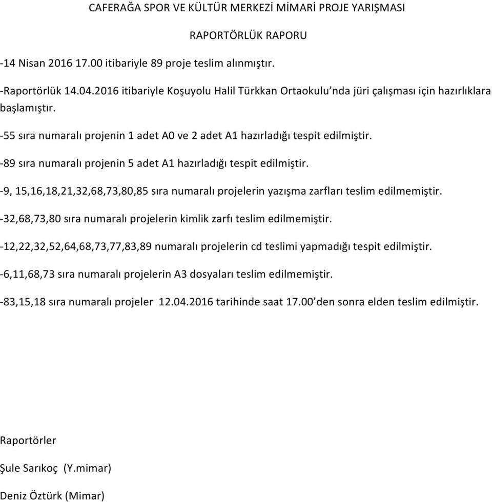 -89 sıra numaralı projenin 5 adet A1 hazırladığı tespit edilmiştir. -9, 15,16,18,21,32,68,73,80,85 sıra numaralı projelerin yazışma zarfları teslim edilmemiştir.