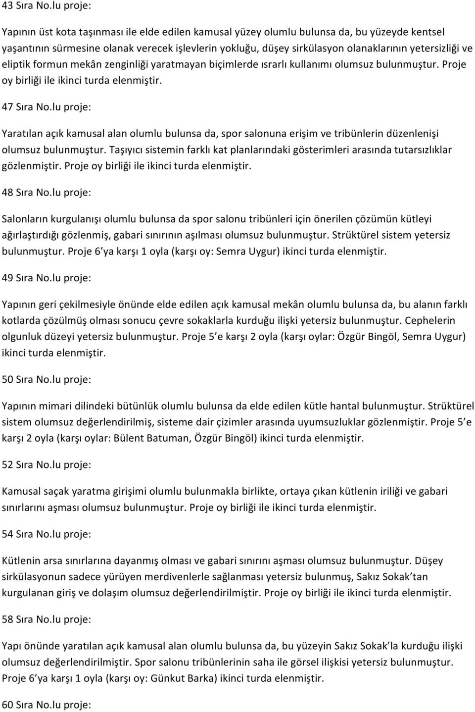 yetersizliği ve eliptik formun mekân zenginliği yaratmayan biçimlerde ısrarlı kullanımı olumsuz bulunmuştur. Proje oy birliği ile ikinci turda elenmiştir. 47 Sıra No.