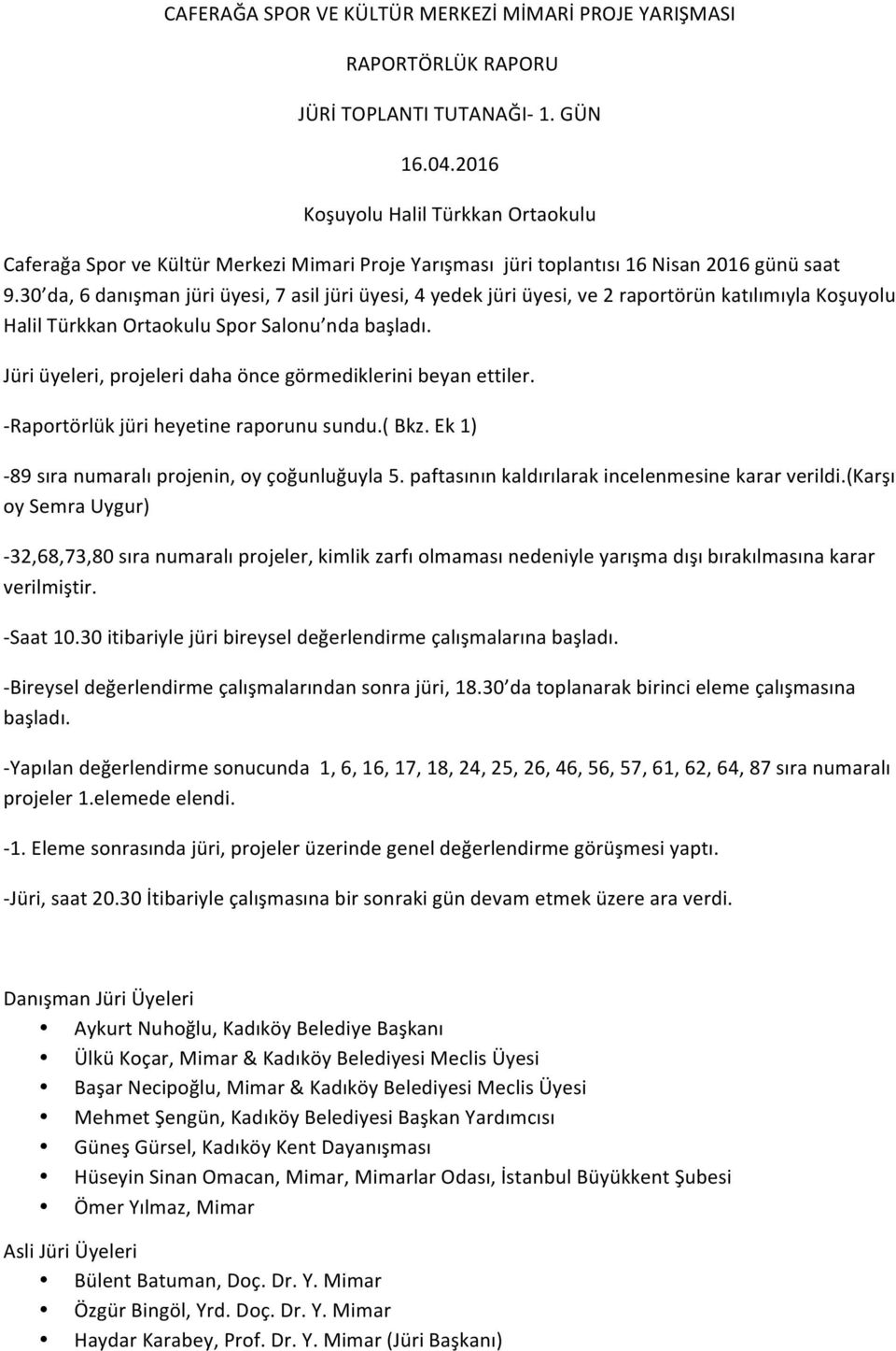 30 da, 6 danışman jüri üyesi, 7 asil jüri üyesi, 4 yedek jüri üyesi, ve 2 raportörün katılımıyla Koşuyolu Halil Türkkan Ortaokulu Spor Salonu nda başladı.