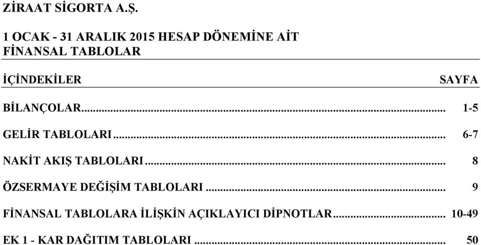 .. 15 GELİR TABLOLARI... 67 NAKİT AKIŞ TABLOLARI.