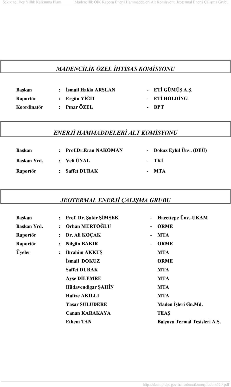 : Veli ÜNAL - TKİ Raportör : Saffet DURAK - MTA JEOTERMAL ENERJİ ÇALIŞMA GRUBU Başkan : Prof. Dr. Şakir ŞİMŞEK - Hacettepe Ünv.-UKAM Başkan Yrd.