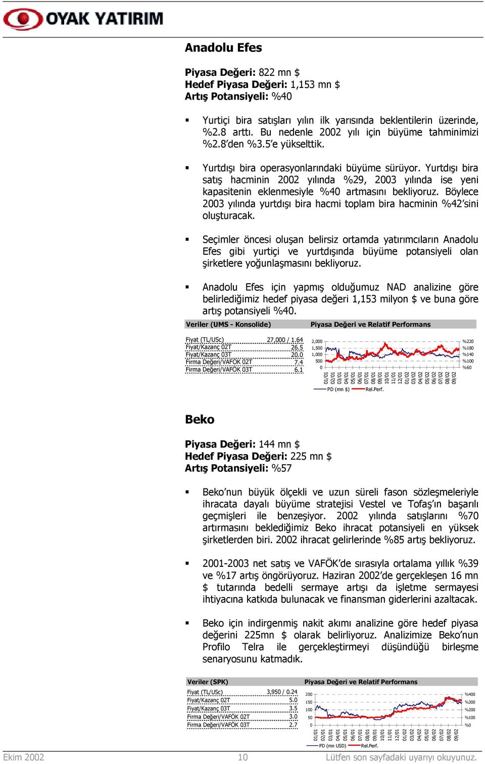 Yurtdõşõ bira satõş hacminin 2002 yõlõnda %29, 2003 yõlõnda ise yeni kapasitenin eklenmesiyle %40 artmasõnõ bekliyoruz.