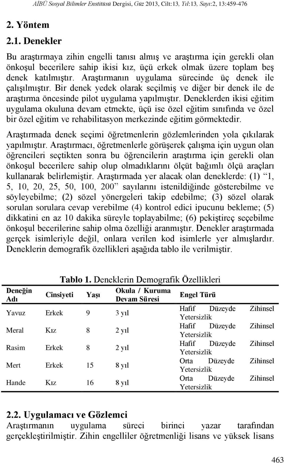 Araştırmanın uygulama sürecinde üç denek ile çalışılmıştır. Bir denek yedek olarak seçilmiş ve diğer bir denek ile de araştırma öncesinde pilot uygulama yapılmıştır.