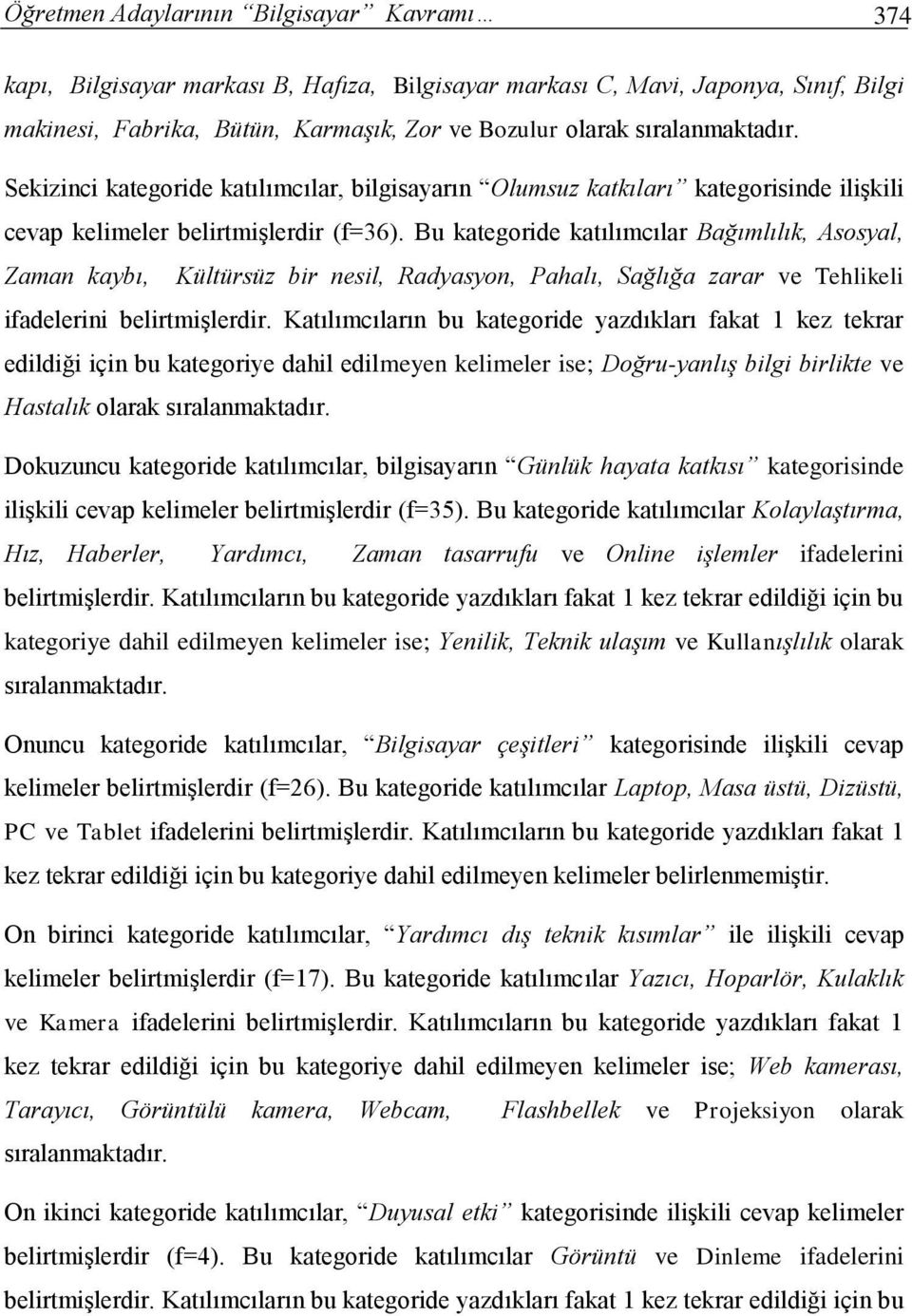 Bu kategoride katılımcılar Bağımlılık, Asosyal, Zaman kaybı, Kültürsüz bir nesil, Radyasyon, Pahalı, Sağlığa zarar ve Tehlikeli ifadelerini belirtmişlerdir.