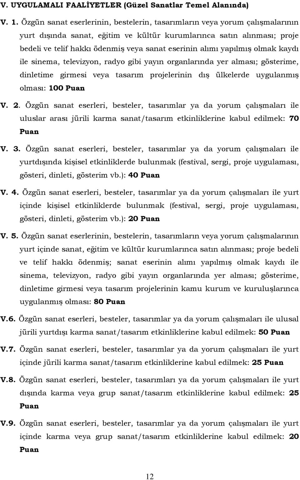 alımı yapılmış olmak kaydı ile sinema, televizyon, radyo gibi yayın organlarında yer alması; gösterime, dinletime girmesi veya tasarım projelerinin dış ülkelerde uygulanmış olması: 100 V. 2.