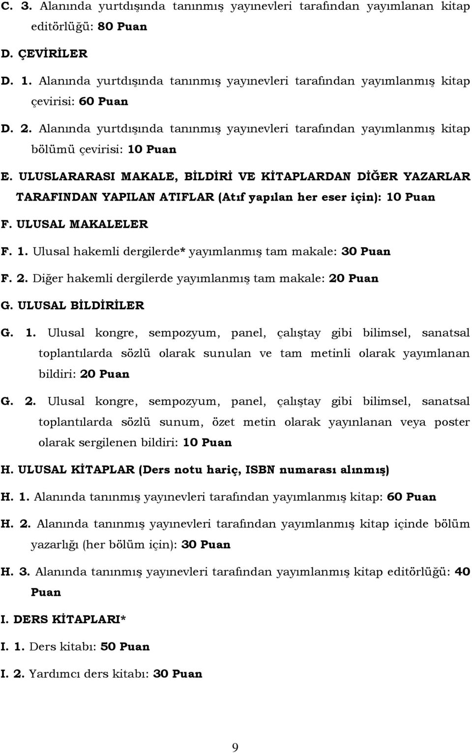 ULUSLARARASI MAKALE, BİLDİRİ VE KİTAPLARDAN DİĞER YAZARLAR TARAFINDAN YAPILAN ATIFLAR (Atıf yapılan her eser için): 10 F. ULUSAL MAKALELER F. 1. Ulusal hakemli dergilerde* yayımlanmış tam makale: 30 F.