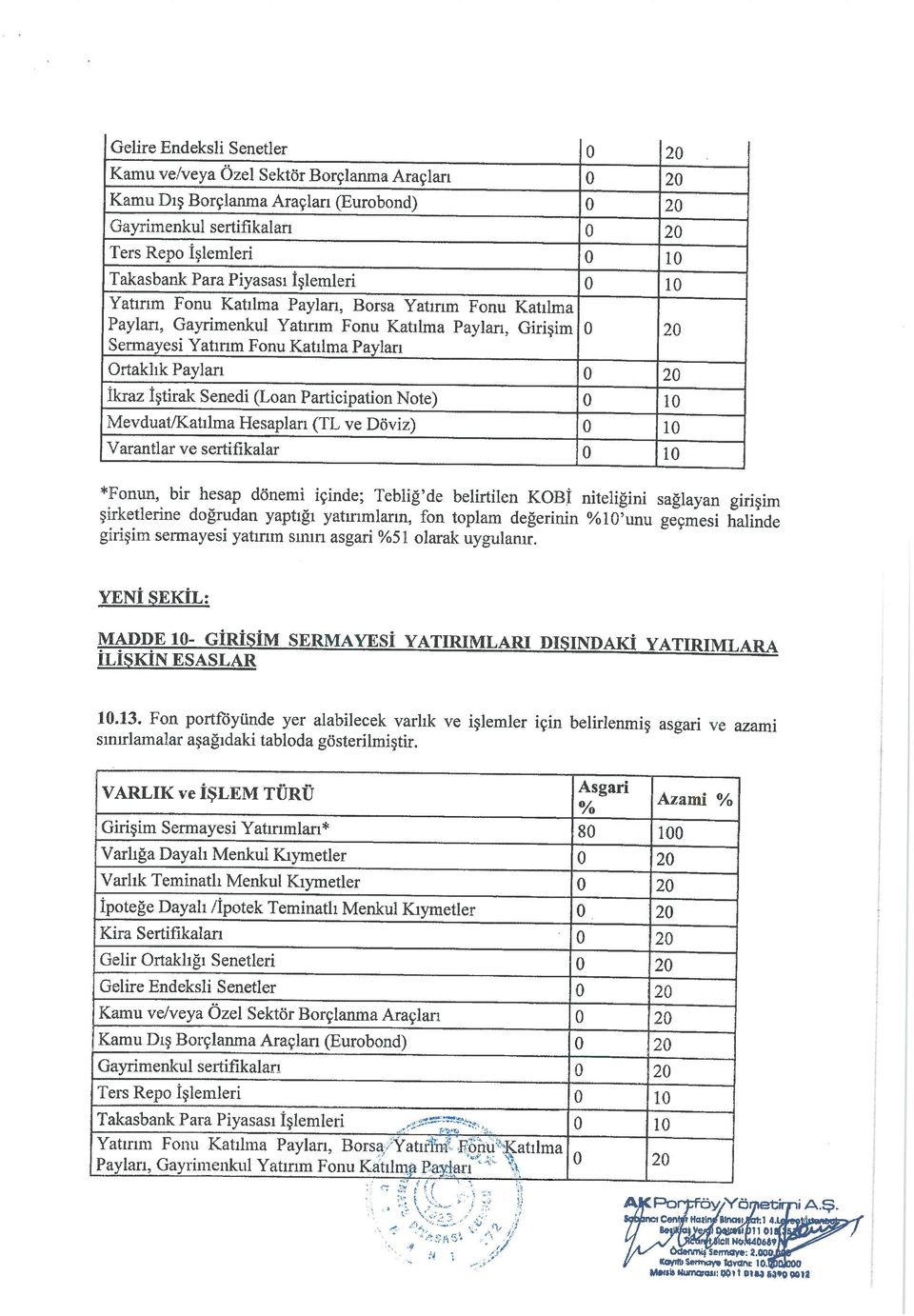 0 20 İkraz İştirak Senedi (Loan Participation Note) 0 10 Mevduat/Katılma Hesapları (TL ve Döviz) 0 10 Varantlar ve sertifikalar 0 10 *Fonun, bir hesap dönemi içinde; Tebiiğ de belirtilen KOBÎ