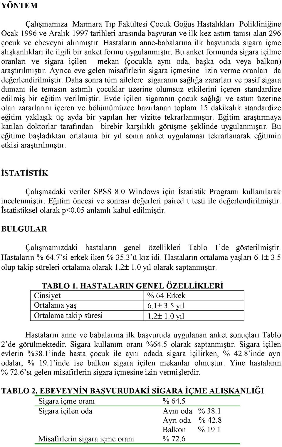 Bu anket formunda sigara içilme oranları ve sigara içilen mekan (çocukla aynı oda, başka oda veya balkon) araştırılmıştır.