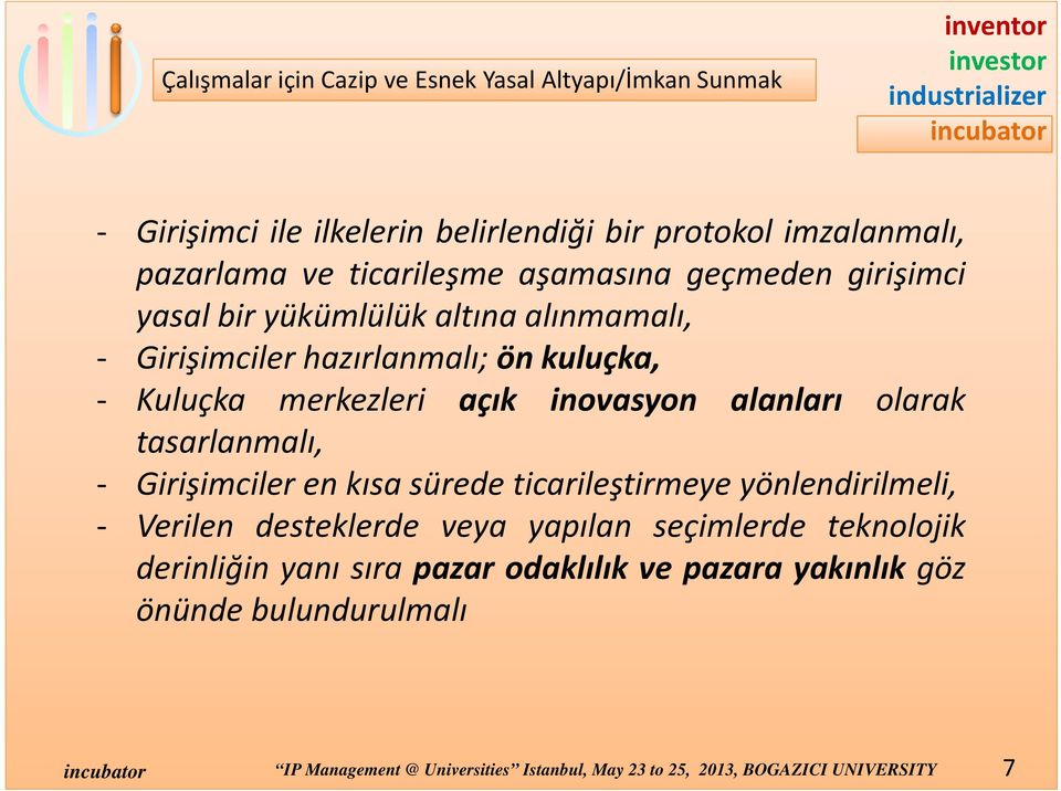 alanları olarak tasarlanmalı, Girişimciler en kısasürede ticarileştirmeye yönlendirilmeli, Verilen desteklerde veya yapılan seçimlerde teknolojik