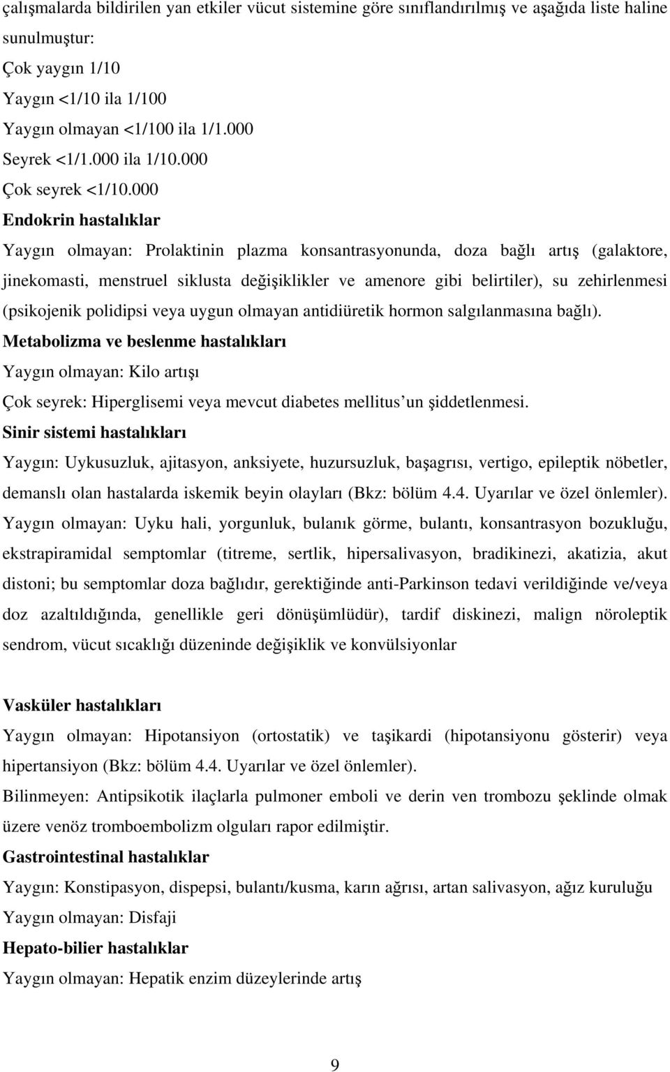 000 Endokrin hastalıklar Yaygın olmayan: Prolaktinin plazma konsantrasyonunda, doza bağlı artış (galaktore, jinekomasti, menstruel siklusta değişiklikler ve amenore gibi belirtiler), su zehirlenmesi