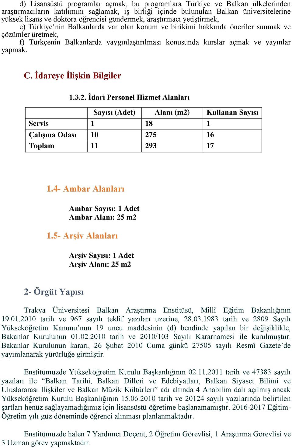 kurslar açmak ve yayınlar yapmak. C. Ġdareye ĠliĢkin Bilgiler 1.3.2. Ġdari Personel Hizmet Alanları Sayısı (Adet) Alanı (m2) Kullanan Sayısı Servis 1 18 1 ÇalıĢma Odası 10 275 16 Toplam 11 293 17 1.