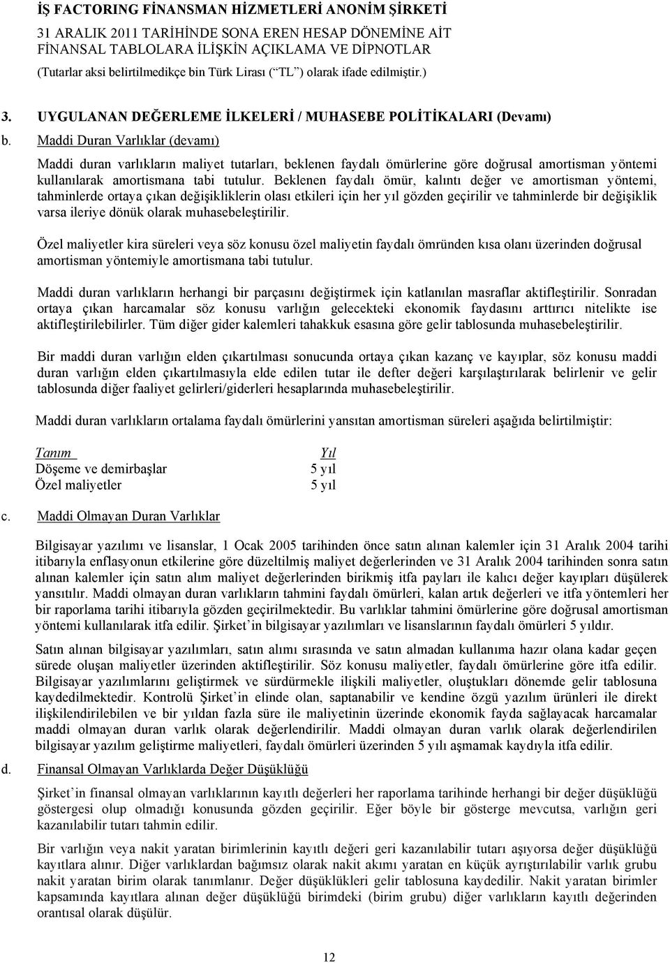 Beklenen faydalı ömür, kalıntı değer ve amortisman yöntemi, tahminlerde ortaya çıkan değişikliklerin olası etkileri için her yıl gözden geçirilir ve tahminlerde bir değişiklik varsa ileriye dönük