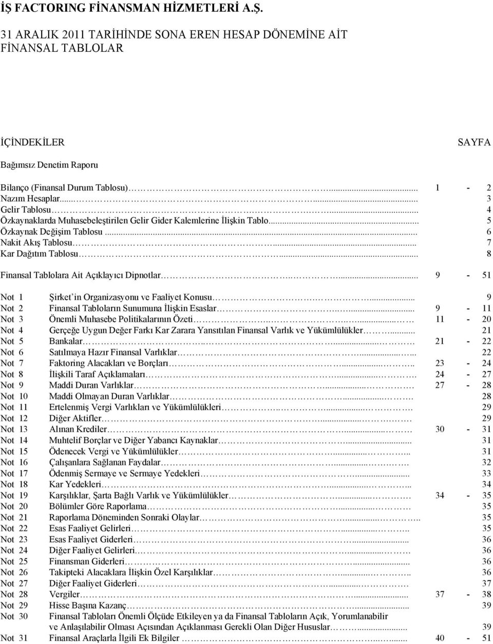 .. 8 Finansal Tablolara Ait Açıklayıcı Dipnotlar..... 9-51 Not 1 Şirket in Organizasyonu ve Faaliyet Konusu.... 9 Not 2 Finansal Tabloların Sunumuna İlişkin Esaslar.