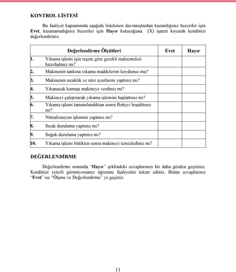 Makinenin sıcaklık ve süre ayarlarını yaptınız mı? 4. Yıkanacak kumaşı makineye verdiniz mi? 5. Makineyi çalıştırarak yıkama işlemini başlattınız mı? 6.