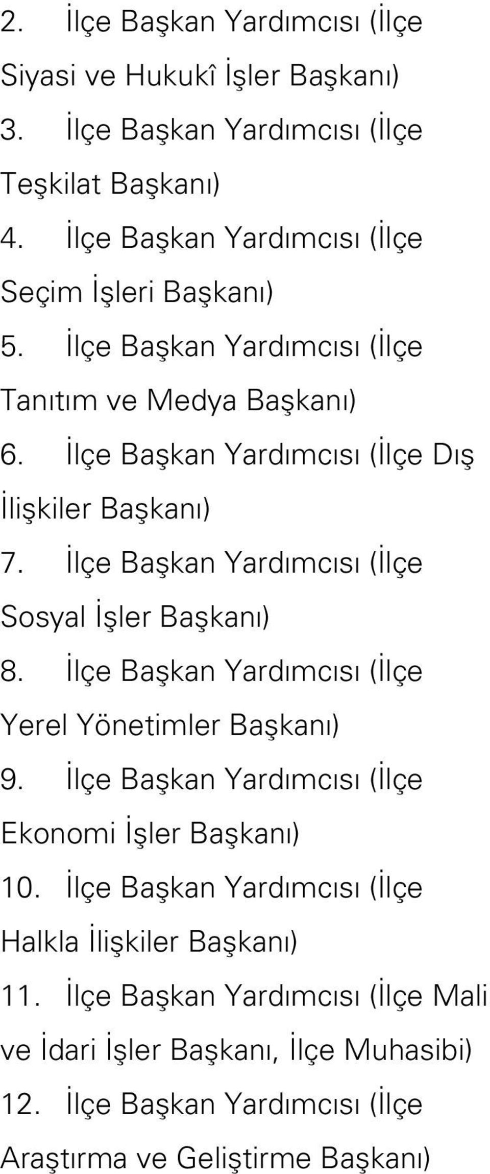 İlçe Başkan Yardımcısı (İlçe Dış İlişkiler Başkanı) 7. İlçe Başkan Yardımcısı (İlçe Sosyal İşler Başkanı) 8.