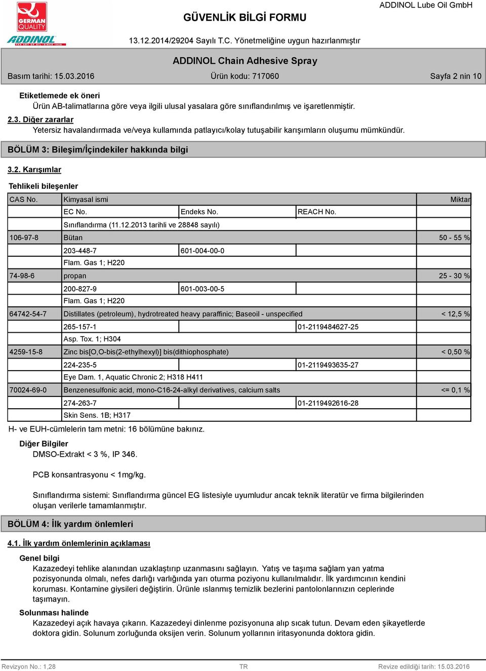 Karışımlar Tehlikeli bileşenler CAS No. Kimyasal ismi EC No. Endeks No. REACH No. Sınıflandırma (11.12.2013 tarihli ve 28848 sayılı) 106-97-8 Bütan 50-55 % 203-448-7 601-004-00-0 Flam.