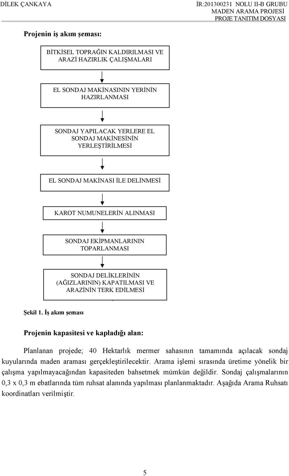 İş akım şeması Projenin kapasitesi ve kapladığı alan: Planlanan projede; 40 Hektarlık mermer sahasının tamamında açılacak sondaj kuyularında maden araması gerçekleştirilecektir.