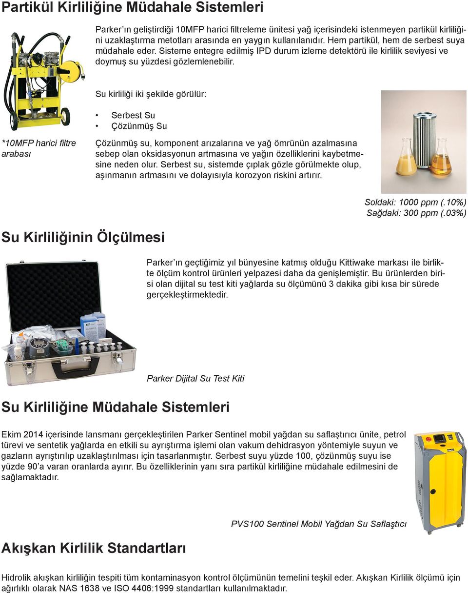 Su kirliliği iki şekilde görülür: Serbest Su Çözünmüş Su *10MFP harici filtre arabası Çözünmüş su, komponent arızalarına ve yağ ömrünün azalmasına sebep olan oksidasyonun artmasına ve yağın