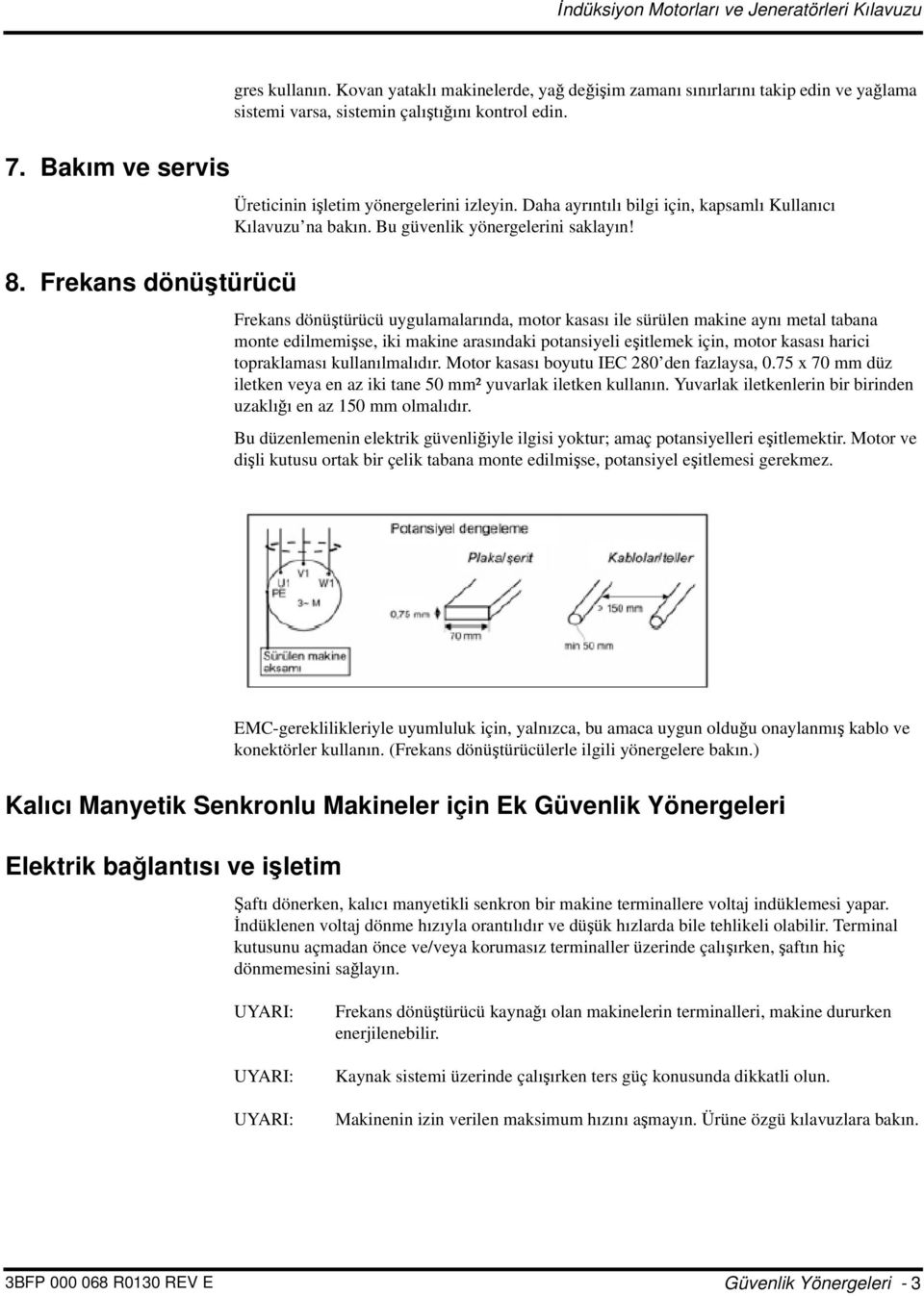 Frekans dönüştürücü uygulamalarında, motor kasası ile sürülen makine aynı metal tabana monte edilmemişse, iki makine arasındaki potansiyeli eşitlemek için, motor kasası harici topraklaması