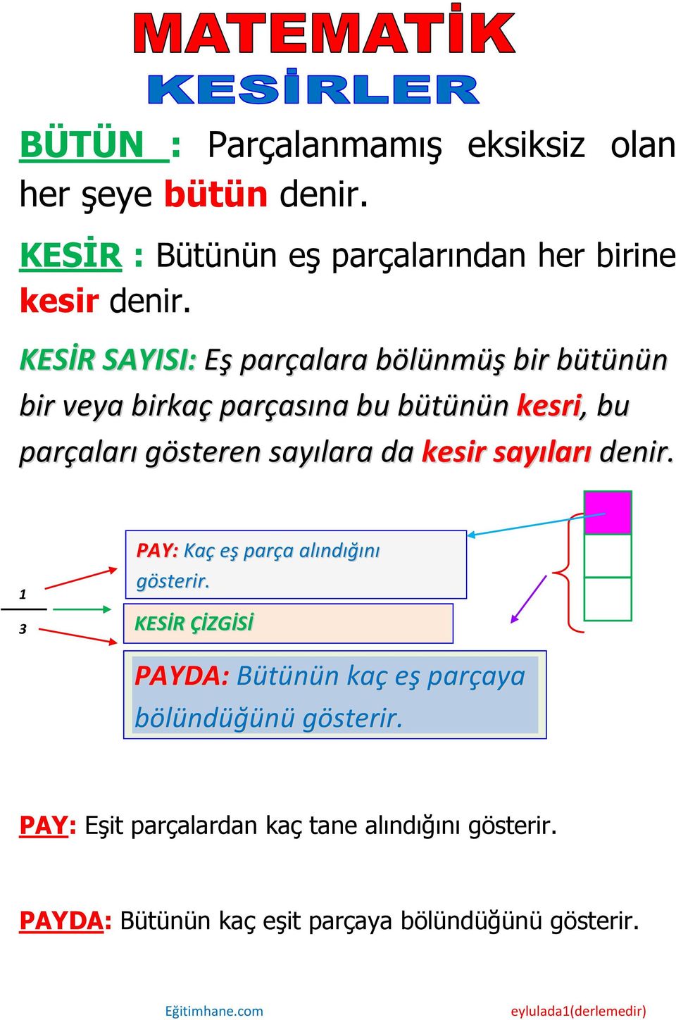 sayılara da kesir sayıları denir. PAY: Kaç eş parça alındığını gösterir.