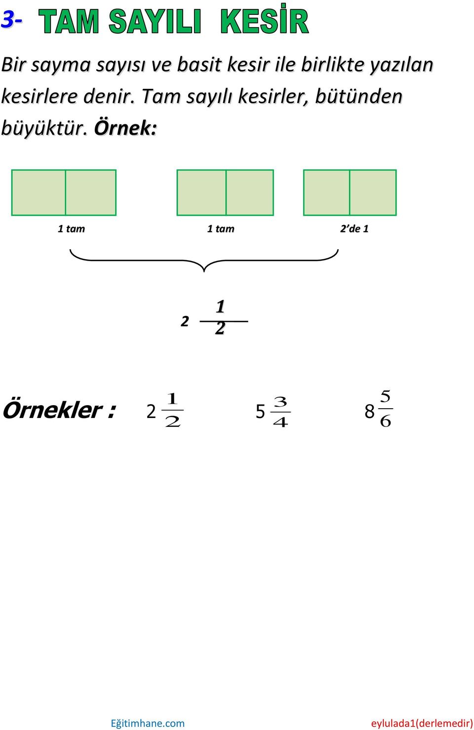 Tam sayılı kesirler, bütünden