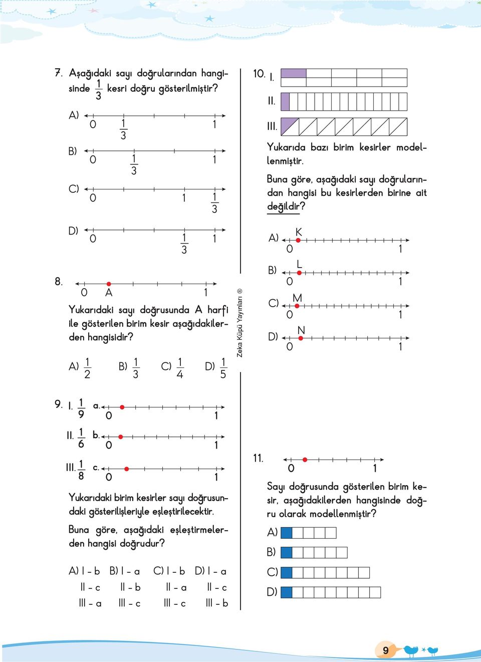 Zeka üpü Yayınları A) B) C) D) L M N A) B) C) D) 9. I. 9 II. 6 III. a. b. c. Yukarıdaki birim kesirler sayı doğrusundaki gösterilişleriyle eşleştirilecektir.