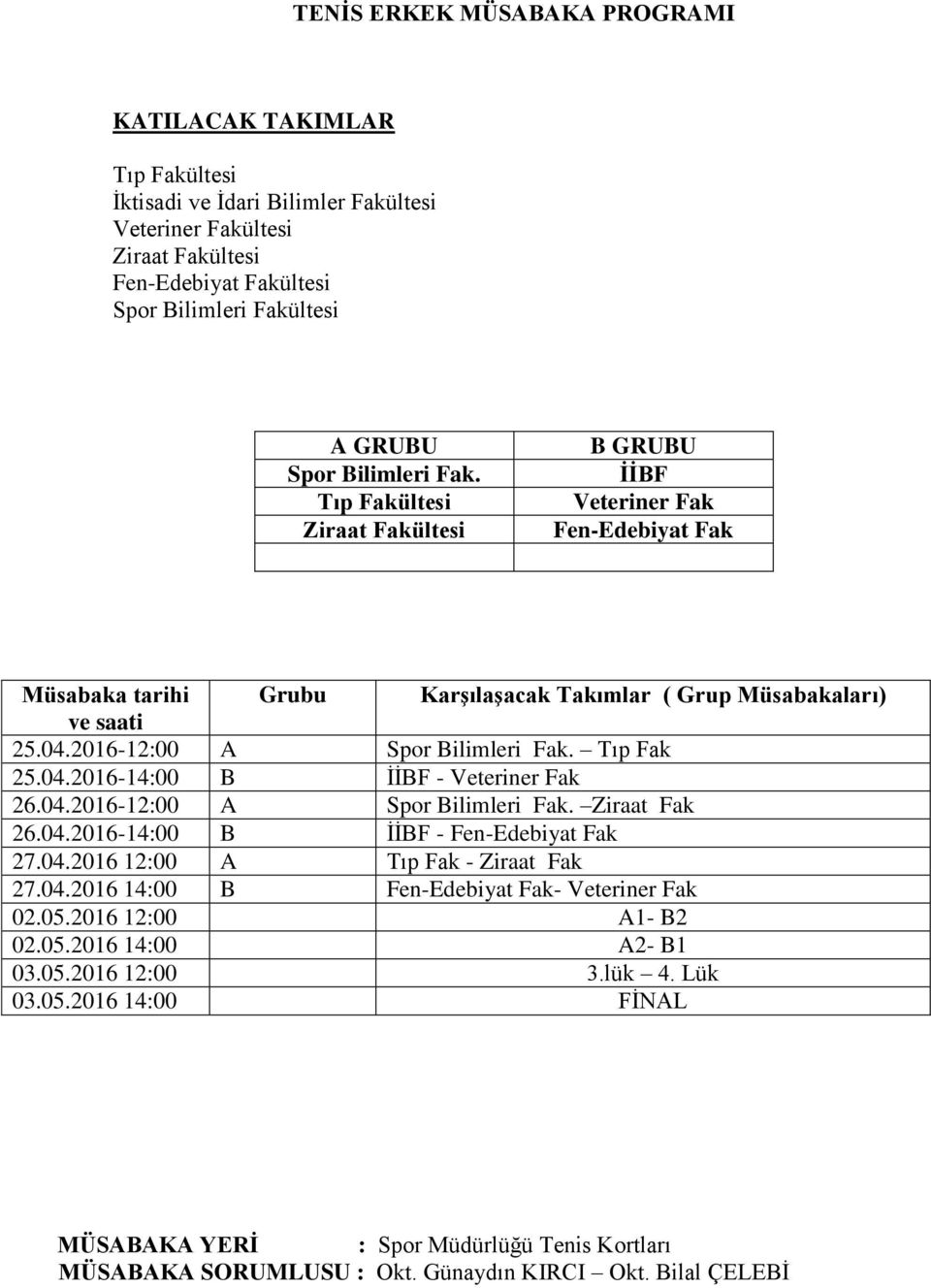 2016-12:00 A Spor Bilimleri Fak. Tıp Fak 25.04.2016-14:00 B İİBF - Veteriner Fak 26.04.2016-12:00 A Spor Bilimleri Fak. Ziraat Fak 26.04.2016-14:00 B İİBF - Fen-Edebiyat Fak 27.04.2016 12:00 A Tıp Fak - Ziraat Fak 27.