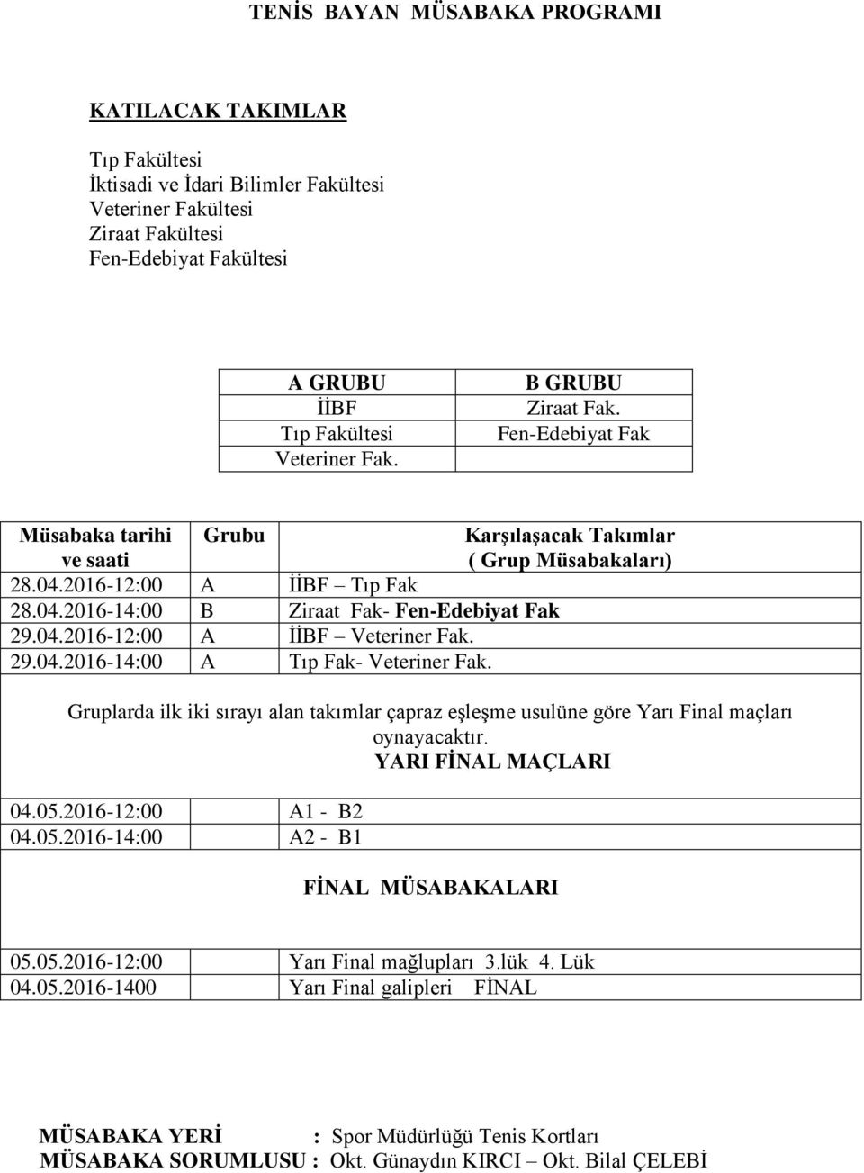 04.2016-12:00 A İİBF Veteriner Fak. 29.04.2016-14:00 A Tıp Fak- Veteriner Fak. Gruplarda ilk iki sırayı alan takımlar çapraz eşleşme usulüne göre Yarı Final maçları oynayacaktır.