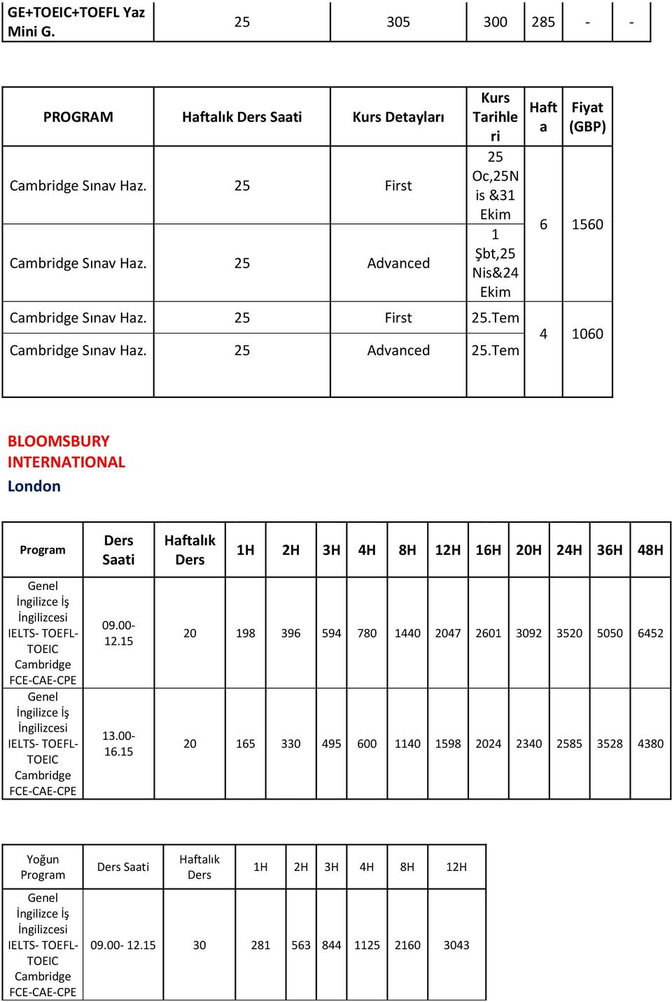 Tem Haft a Fiyat 6 156 4 16 BLOOMSBURY INTERNATIONAL Program Genel İngilizce İş İngilizcesi IELTS- TOEFL- TOEIC Cambridge FCE-CAE-CPE Genel İngilizce İş İngilizcesi IELTS- TOEFL- TOEIC Cambridge