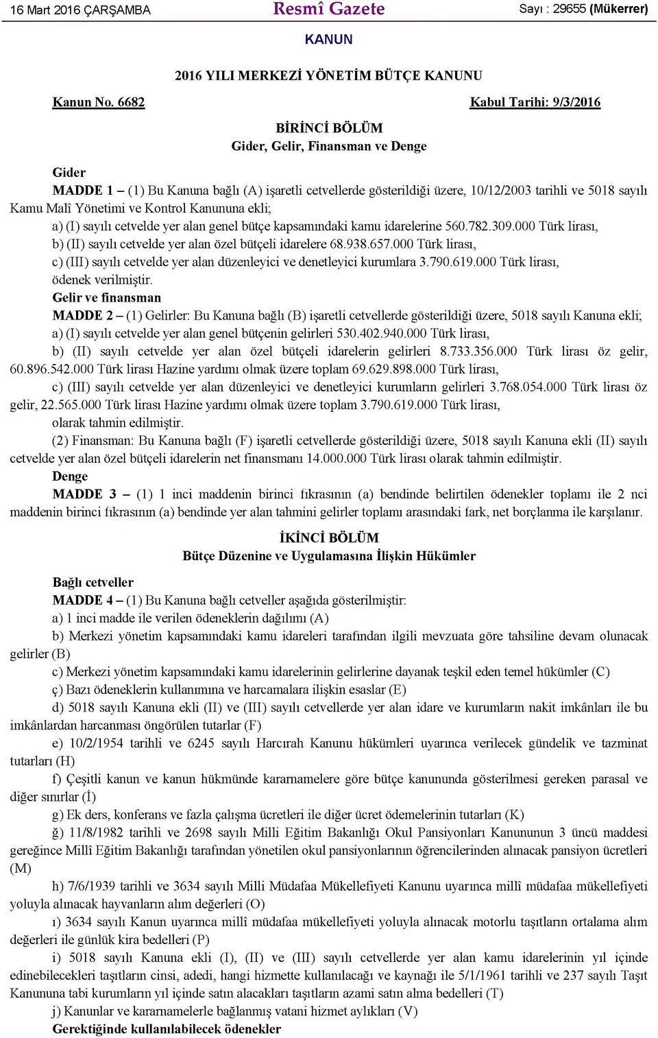 Yönetimi ve Kontrol Kanununa ekli; a) (I) sayılı cetvelde yer alan genel bütçe kapsamındaki kamu idarelerine 560.782.309.000 Türk lirası, b) (II) sayılı cetvelde yer alan özel bütçeli idarelere 68.