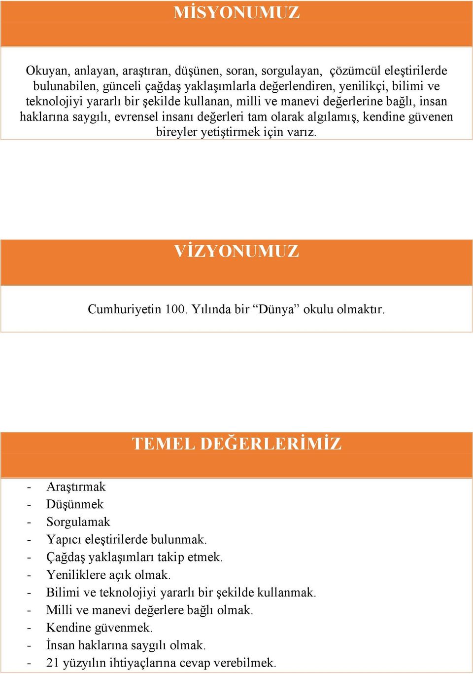 VİZYONUMUZ Cumhuriyetin 100. Yılında bir Dünya okulu olmaktır. TEMEL DEĞERLERİMİZ - Araştırmak - Düşünmek - Sorgulamak - Yapıcı eleştirilerde bulunmak. - Çağdaş yaklaşımları takip etmek.