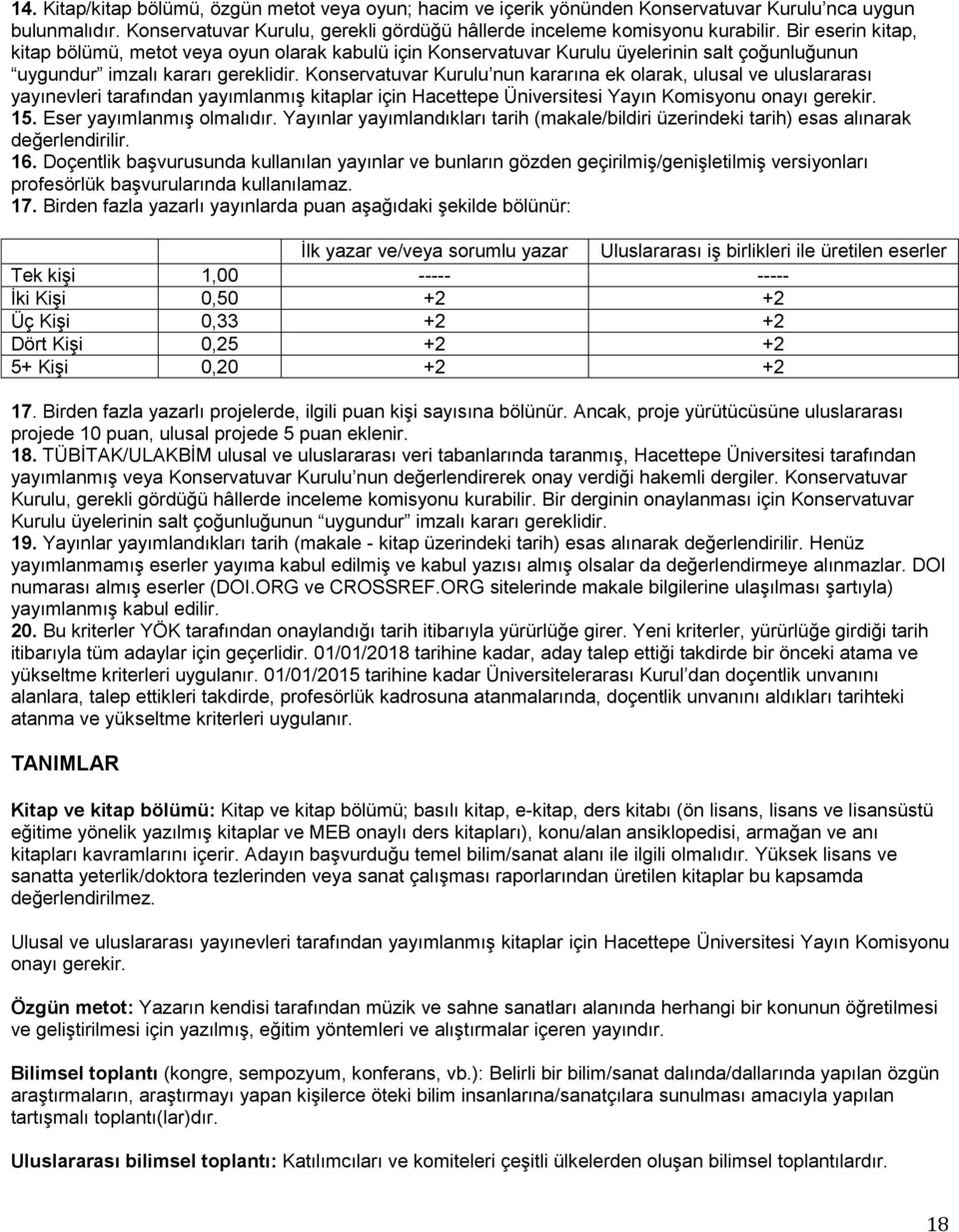 Konservatuvar Kurulu nun kararına ek olarak, ulusal ve uluslararası yayınevleri tarafından yayımlanmış kitaplar için Hacettepe Üniversitesi Yayın Komisyonu onayı gerekir. 15.