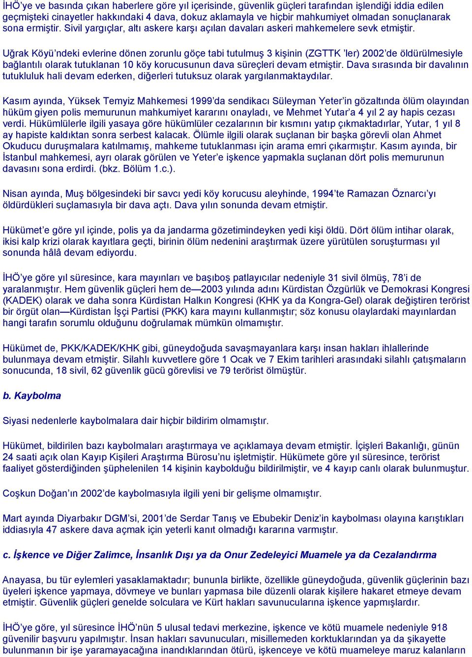 Uğrak Köyü ndeki evlerine dönen zorunlu göçe tabi tutulmuş 3 kişinin (ZGTTK ler) 2002 de öldürülmesiyle bağlantılı olarak tutuklanan 10 köy korucusunun dava süreçleri devam etmiştir.