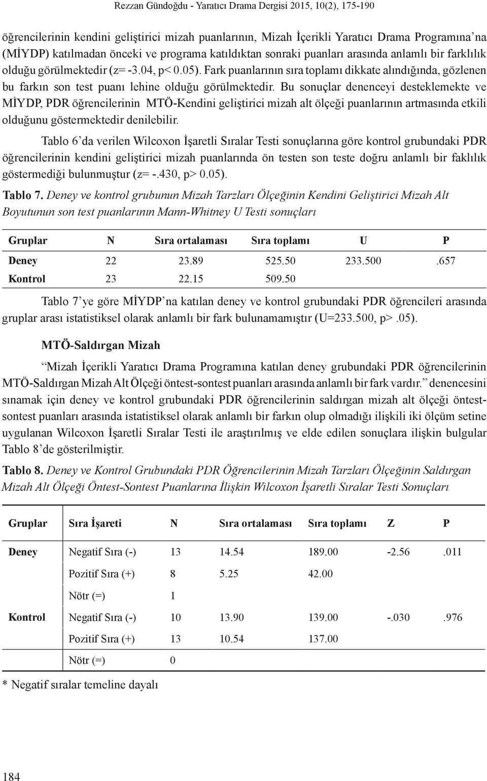 Fark puanlarının sıra toplamı dikkate alındığında, gözlenen bu farkın son test puanı lehine olduğu görülmektedir.