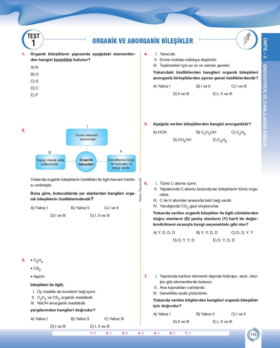 Aşağıda verilen bileşiklerden hangisi anorganiktir? A) CN B) C 2 5 C) C 2 6 D) C 3 E) C 6 6 III Yapay olarak elde edilemezler. rganik bileşikler II Kendilerine özgü bir kokuları ve rengi vardır.