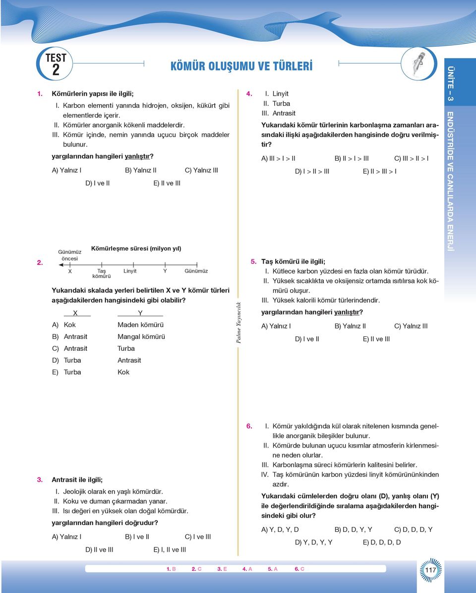 Günümüz öncesi X D) I ve II E) II ve III Kömürleşme süresi (milyon yıl) Taş kömürü Linyit Y Günümüz Yukarıdaki skalada yerleri belirtilen X ve Y kömür türleri aşağıdakilerden hangisindeki gibi