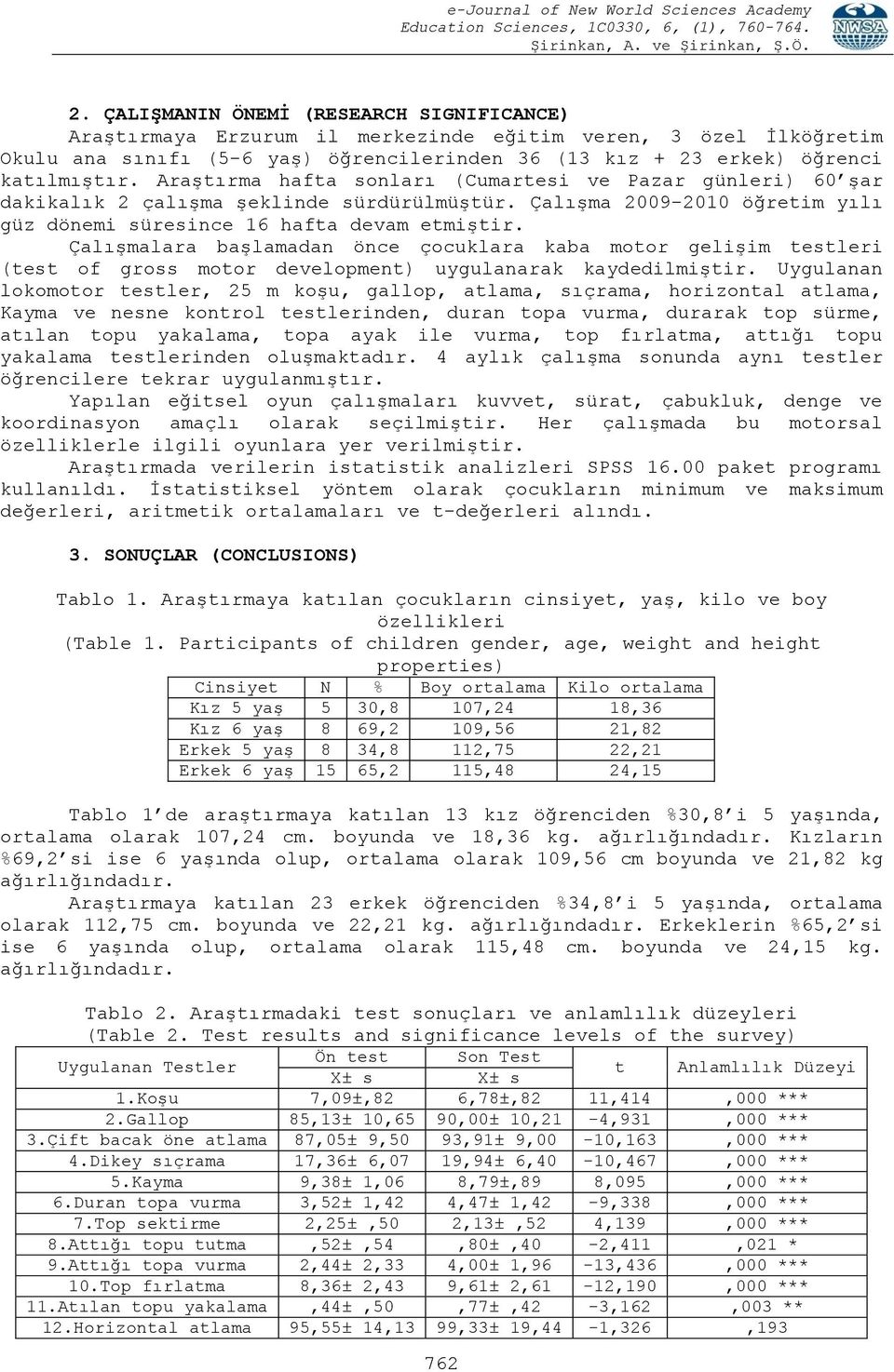 Çalışmalara başlamadan önce çocuklara kaba motor gelişim testleri (test of gross motor development) uygulanarak kaydedilmiştir.