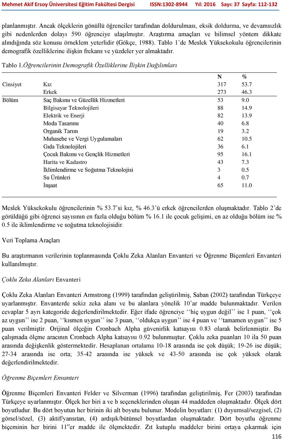 Tablo 1 de Meslek Yüksekokulu öğrencilerinin demografik özelliklerine ilişkin frekans ve yüzdeler yer almaktadır. Tablo 1.