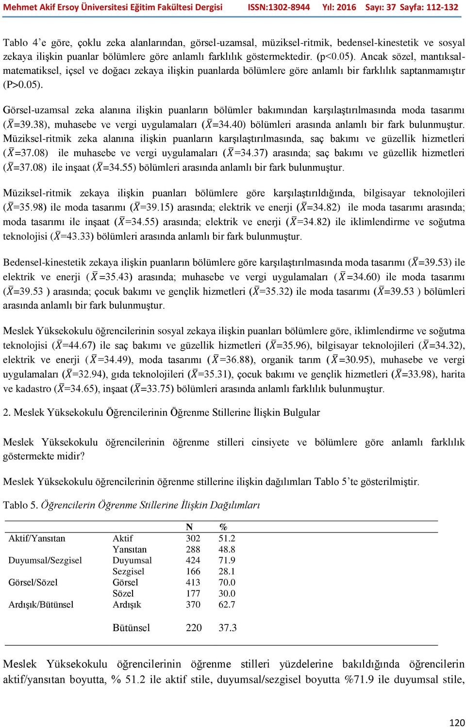 Görsel-uzamsal zeka alanına ilişkin puanların bölümler bakımından karşılaştırılmasında moda tasarımı (X =39.38), muhasebe ve vergi uygulamaları (X =34.