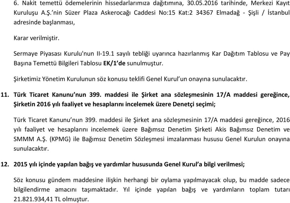 1 sayılı tebliği uyarınca hazırlanmış Kar Dağıtım Tablosu ve Pay Başına Temettü Bilgileri Tablosu EK/1 de sunulmuştur.